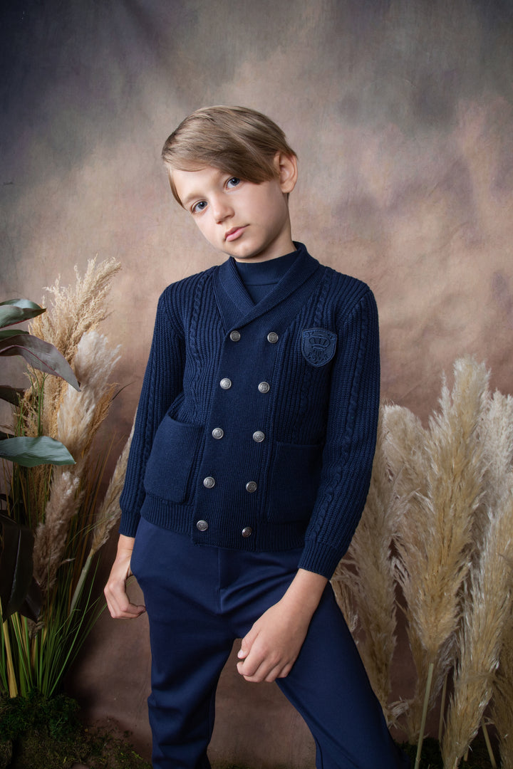 BKN633-Double breasted cable cardigan with shawl neck-NAVY
