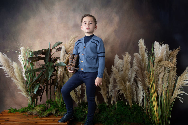 BKN632-Stripe detail cardigan with emblem patch-DUSTY BLUE