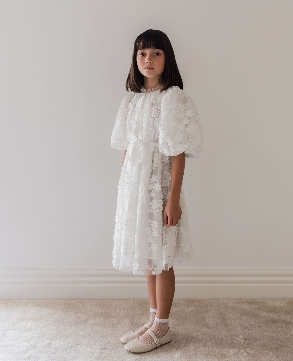 white dress with floral applique 1259-Floral Applique Tulle Dress-White – whoopikids