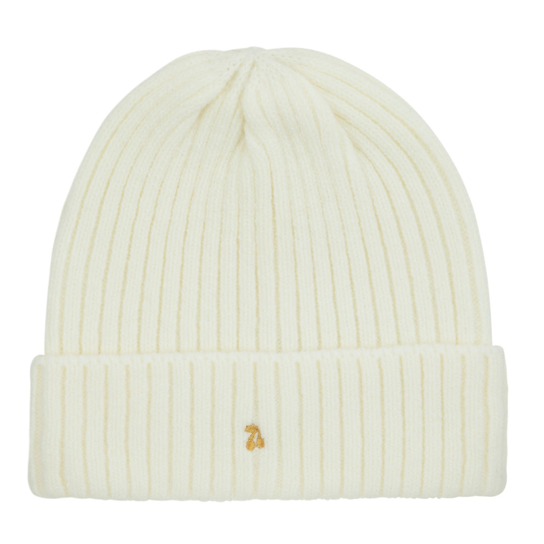 Gold thread embroidered ribbed beanie-Cream