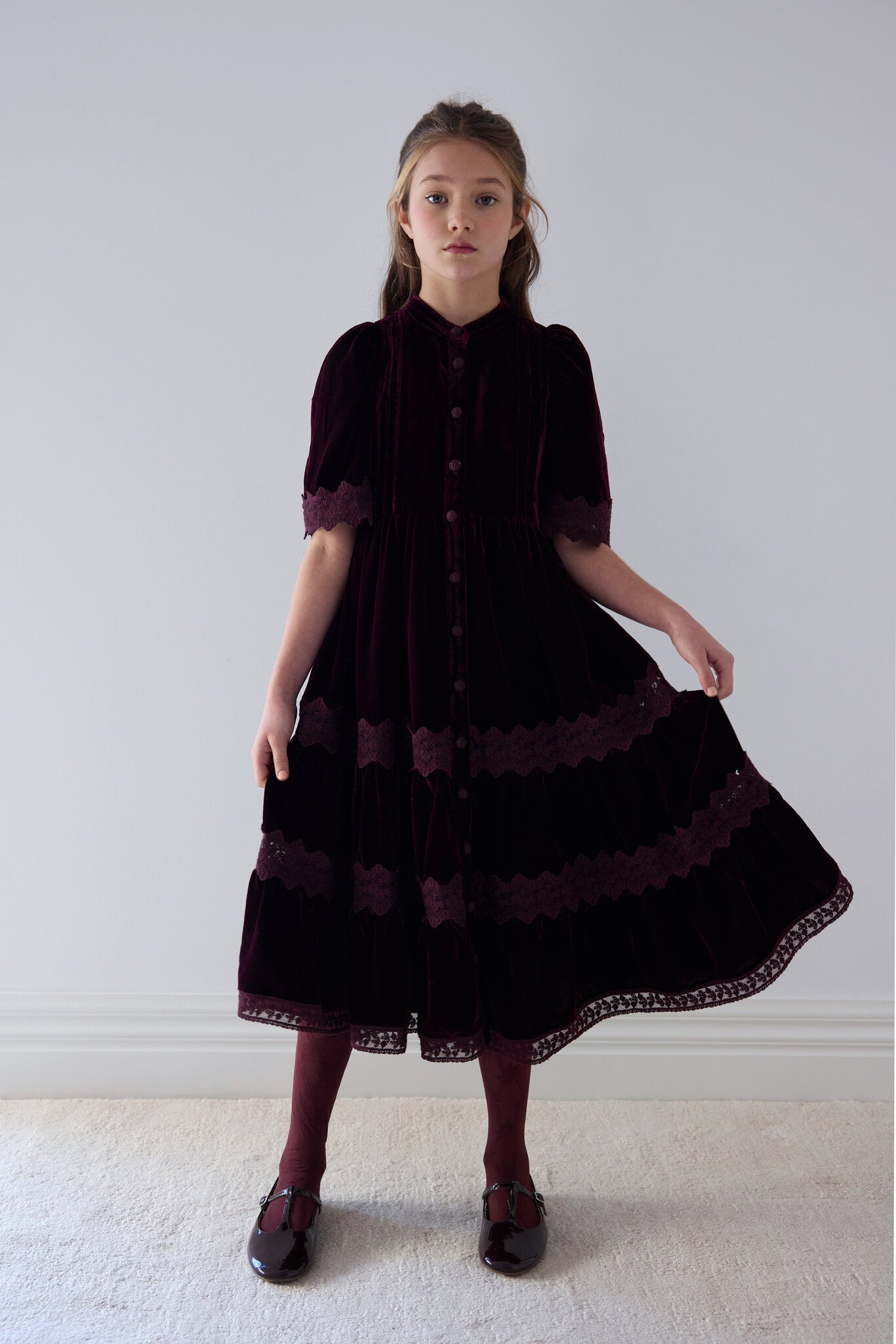 1573 Cherry Lace Velvet Midi Dress - Dark Cherry – whoopikids