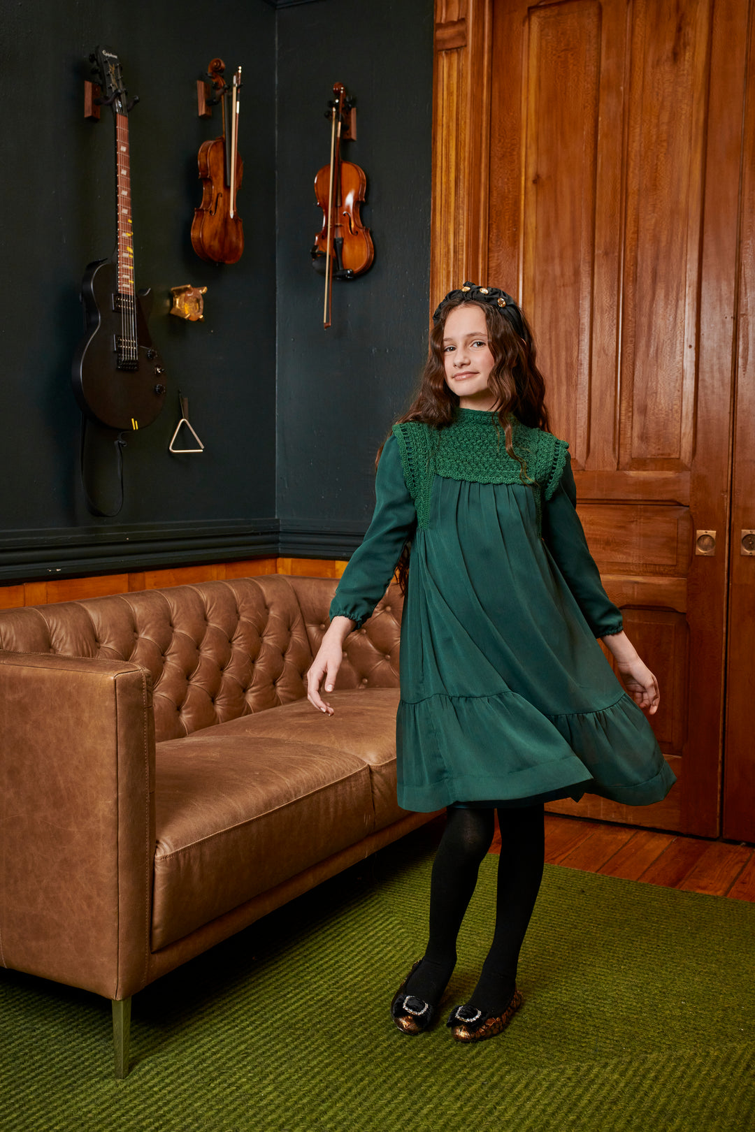 1901-CROCHET NECK DRESS-FOREST GREEN