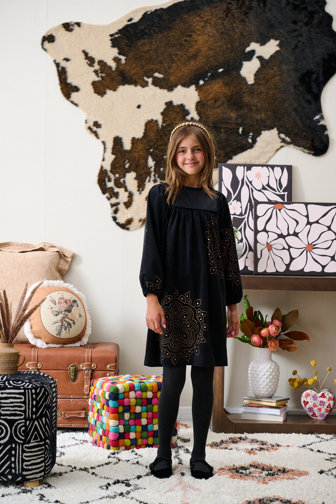 2201-BLACK SUED WITH GOLD FOIL DESIGN DRESS