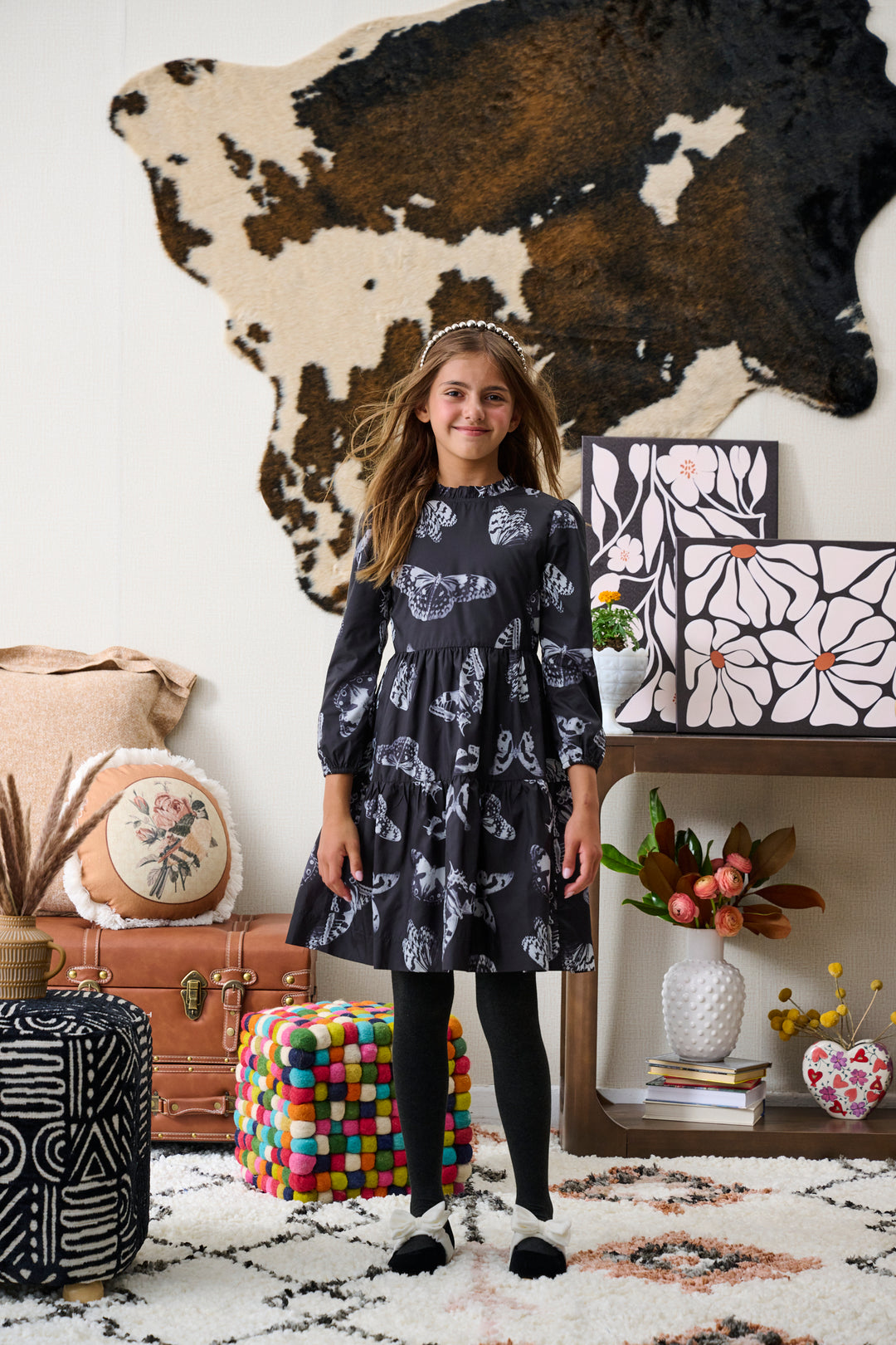 2206-A-BLACK W/ WHITE BUTTERFLIES POLY DRESS