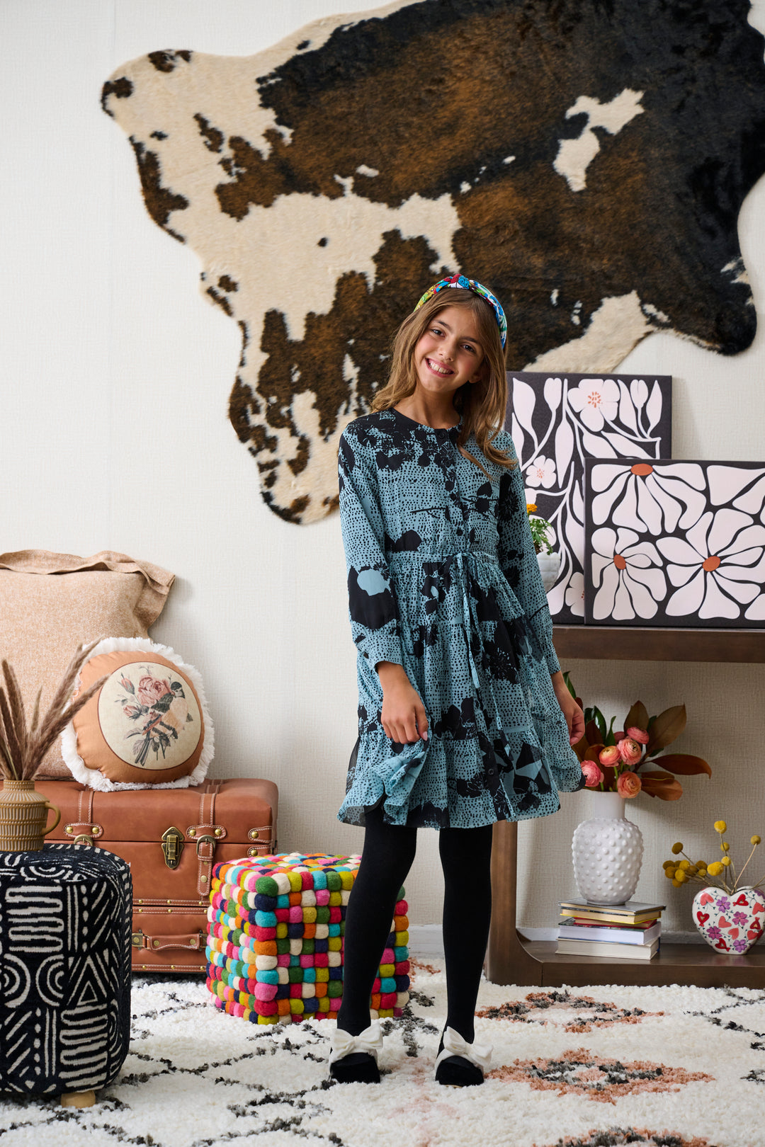 2248-LIGHT BLUE WITH BLACK SPOTS FLORAL PRINT DRESS