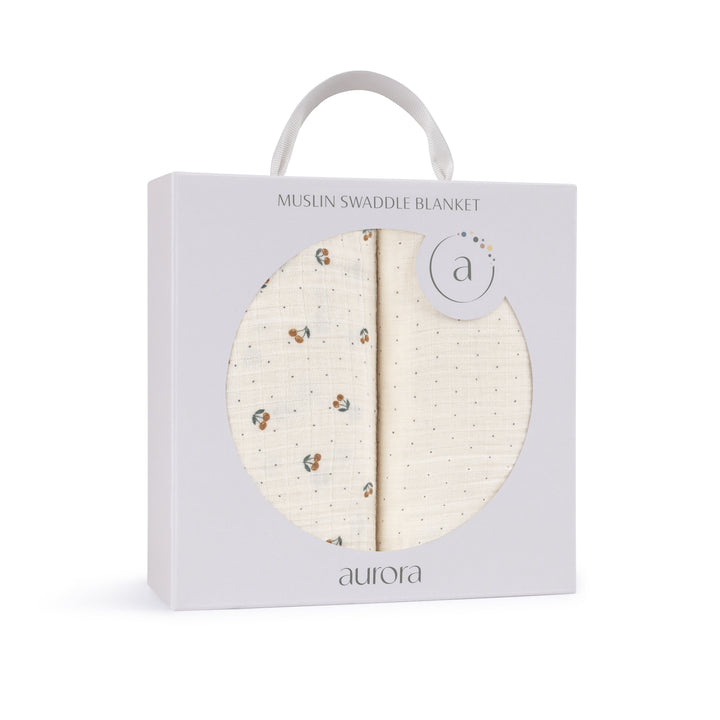 2 Pack Cherry Print Collection - Muslin Swaddle-Ivory/BLUE
