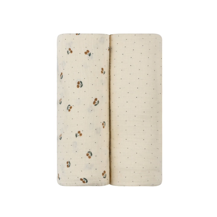 2 Pack Cherry Print Collection - Muslin Swaddle-Ivory/BLUE