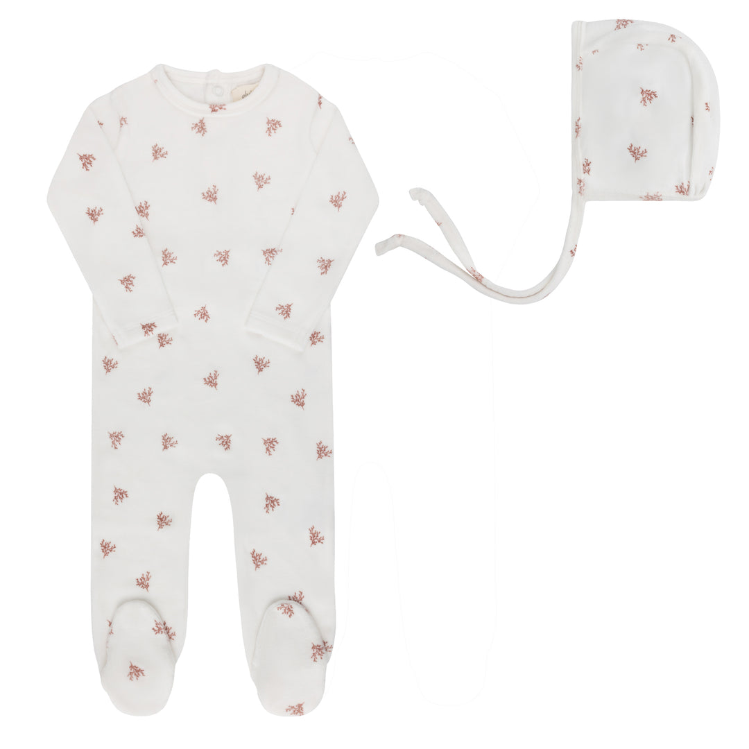 Velour Leaf Pattern Collection-Ivory Girl - Footie/Bonnet Set