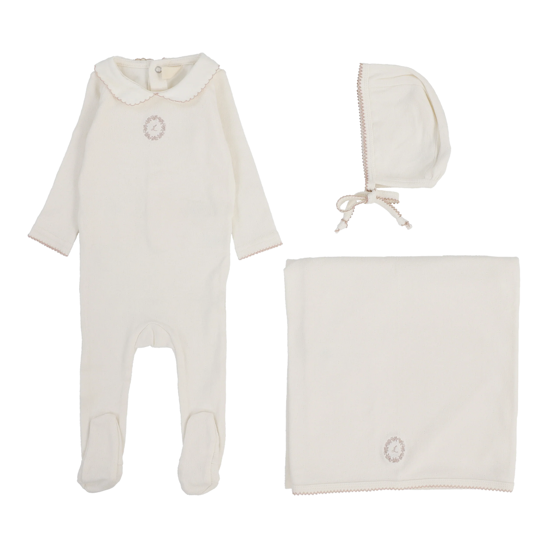 Emblem Embroidered Layette Set -Cream/Pink