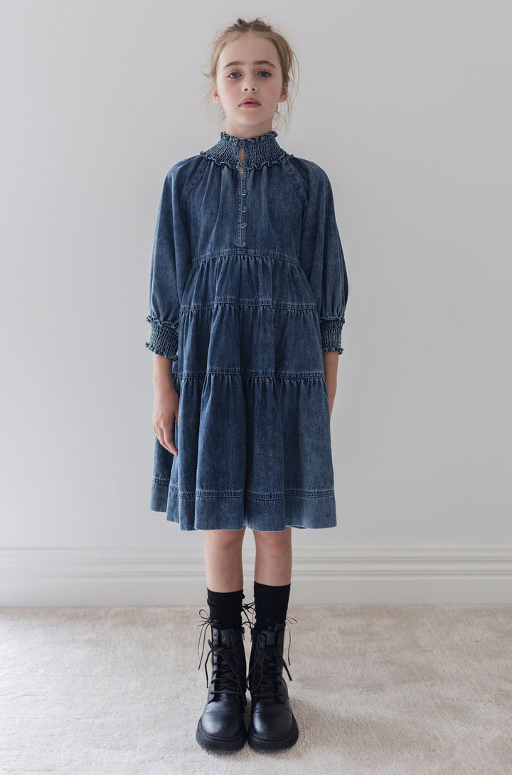 8180D-Chambray Tiered Dress-Vintage Blue Wash Chambray