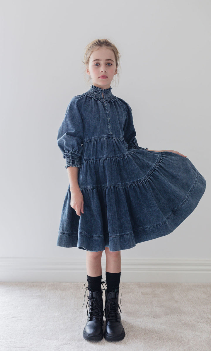 8180D-Chambray Tiered Dress-Vintage Blue Wash Chambray