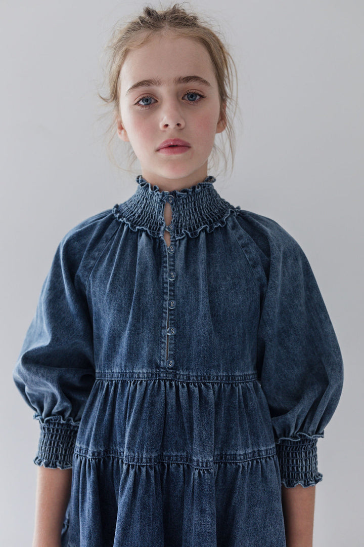 8180D-Chambray Tiered Dress-Vintage Blue Wash Chambray