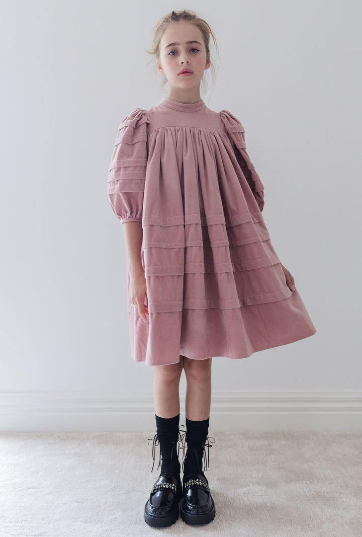 8199D-Cord Pleat Sleeve Dress-Dusty Lilac