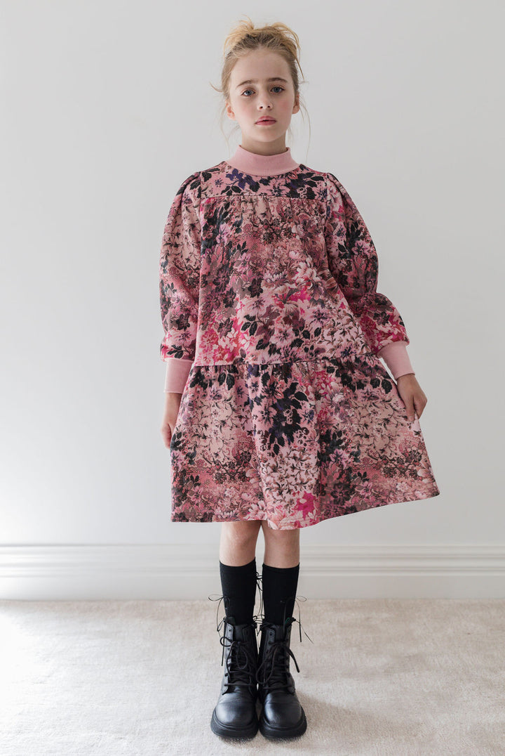 8200D-Blurred Floral Fleece Dress-Blurred Floral Print