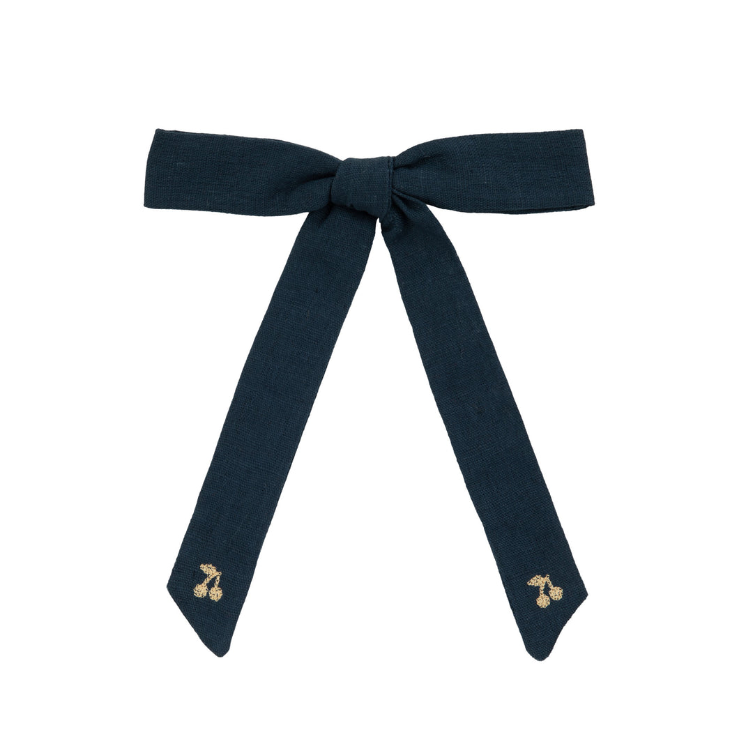 Gold thread cherry embroidered bows-Navy