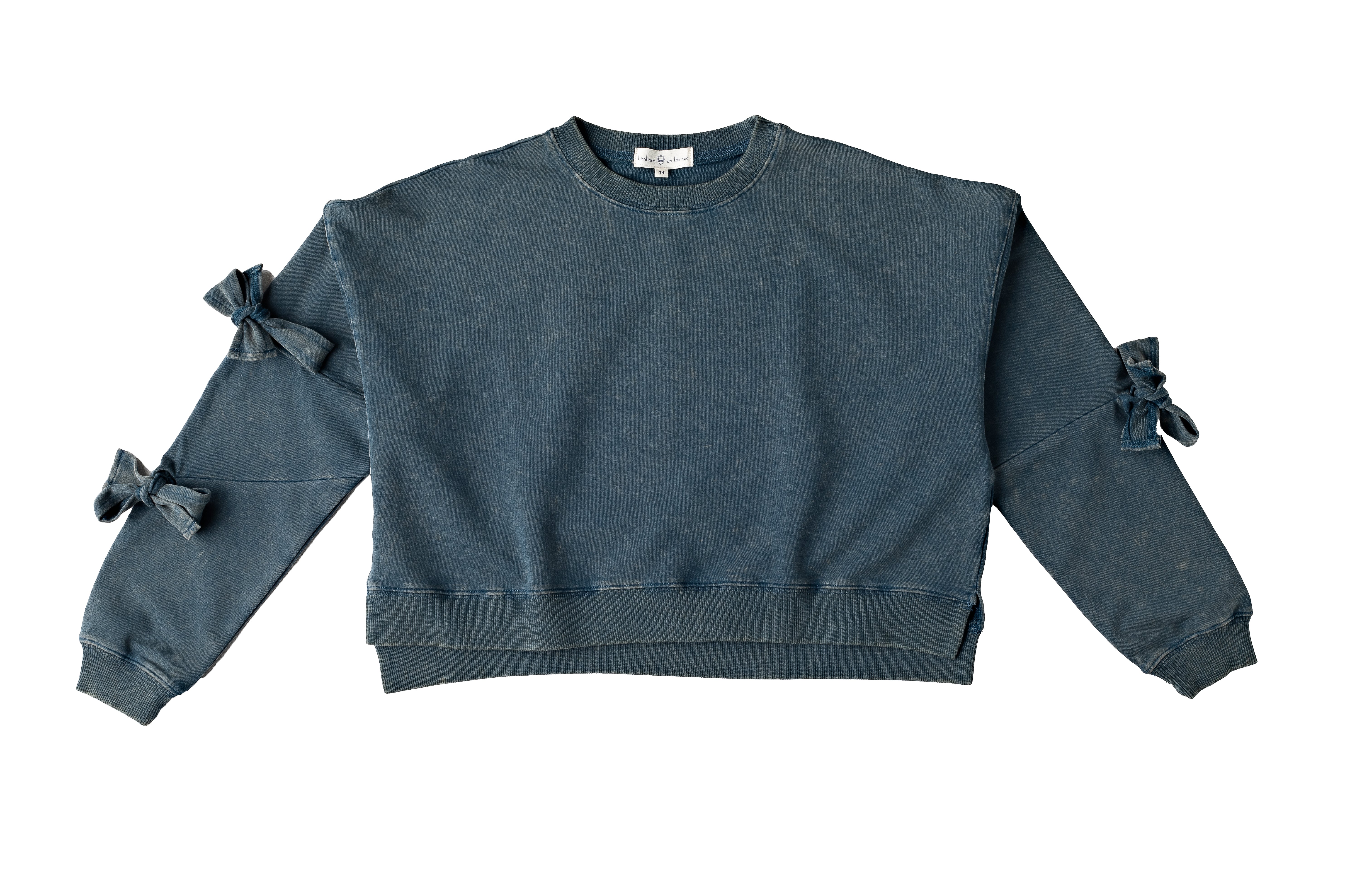 604-Ocean teal, snow wash-Teen cropped bow sweatshirt