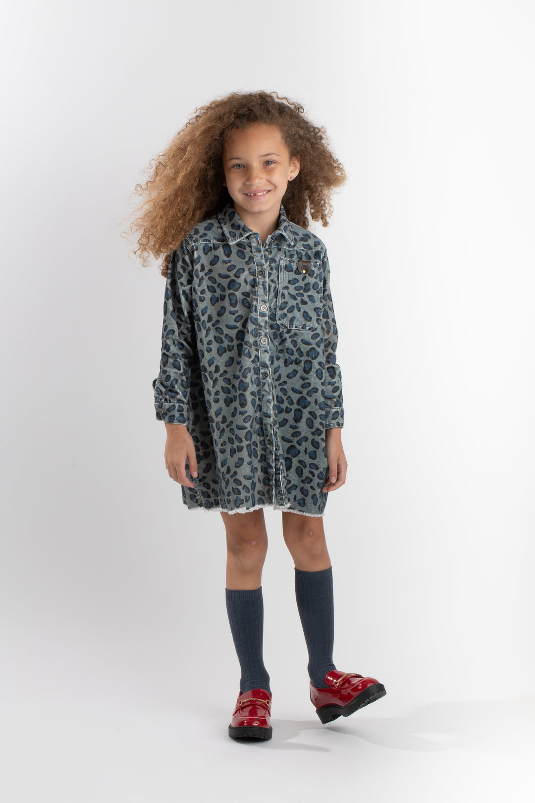 502C-BLUE LEOPARD CORDUROY-Oversized shirt dress