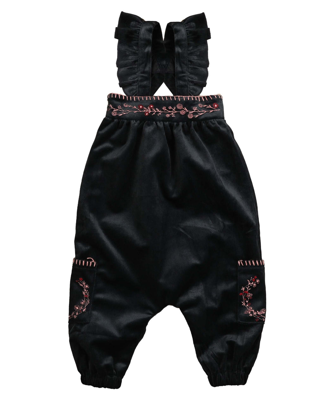BBB608-Velvet corduroy baby romper with embroidered floral crest-NAVY