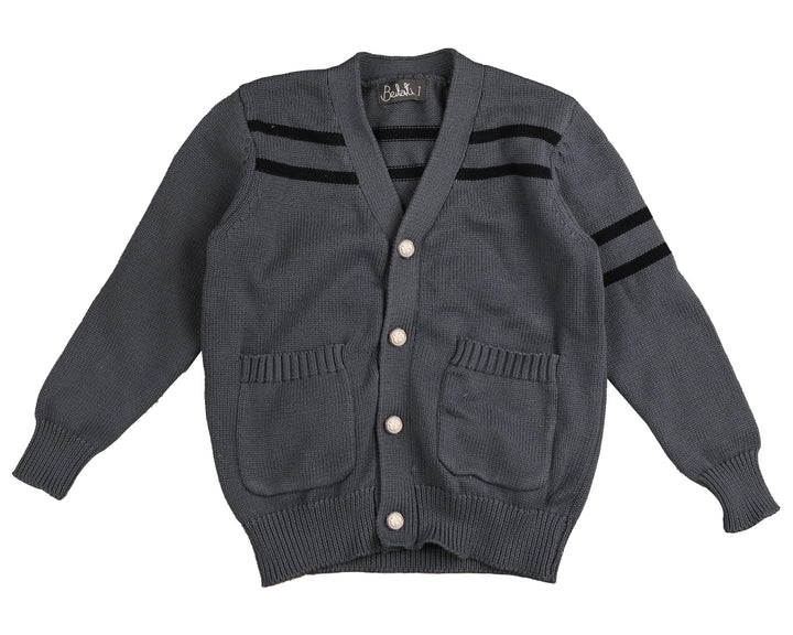 BKN632-Stripe detail cardigan with emblem patch-DUSTY BLUE