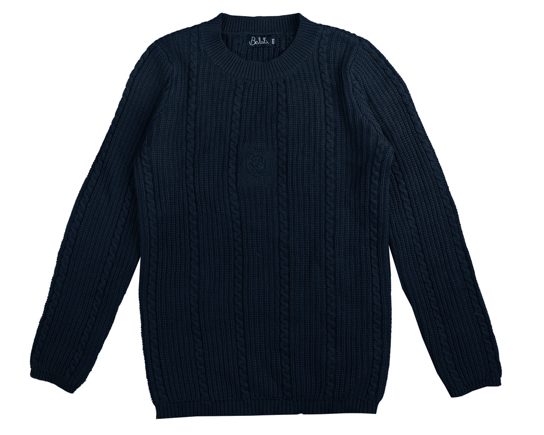 BKN635-Mock neck cable knit with emblem-NAVY