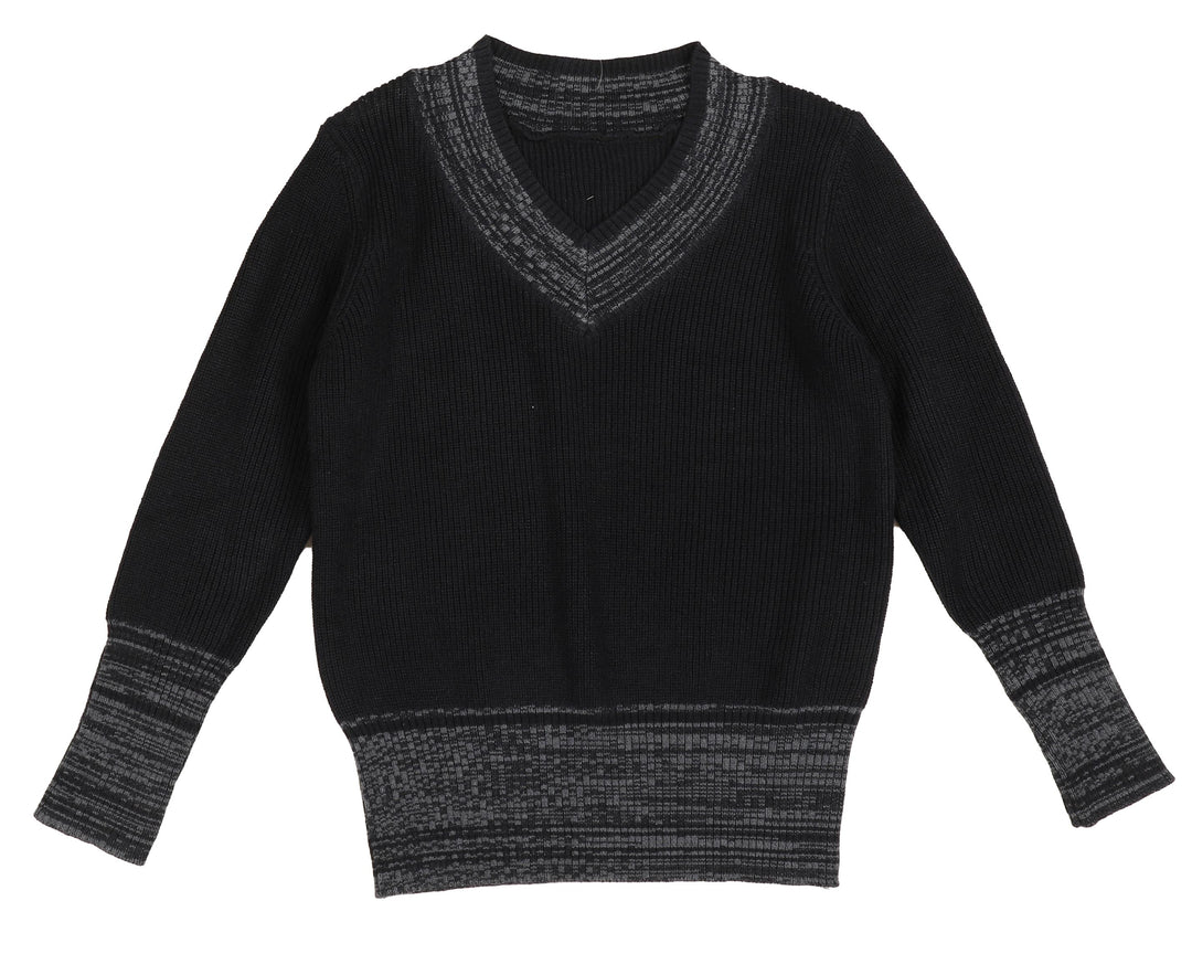 BKN638-V neck knit with marled edges-BLACK