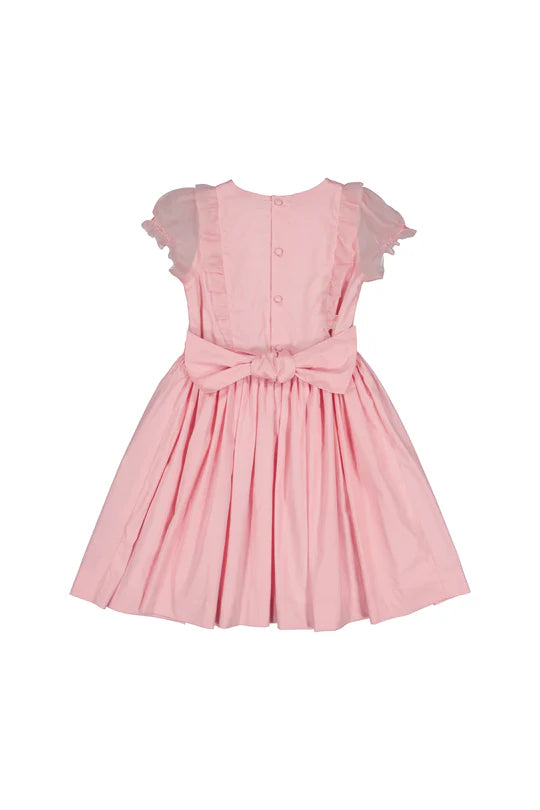 CAMELIA PINK ORGANZA PUFF SLEEVES SMOCKED DRESS