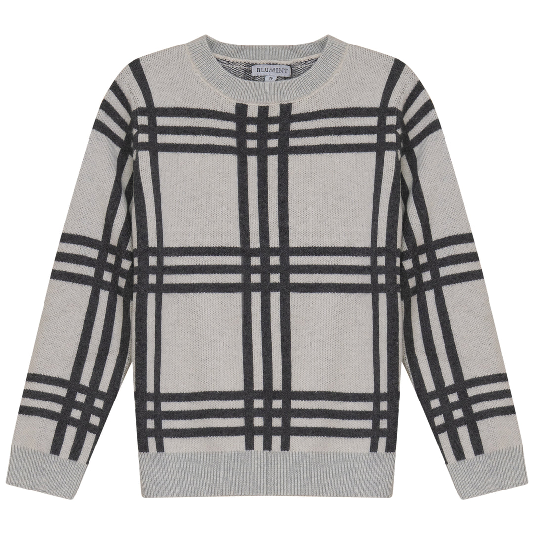 DAW-PLAID ROUND NECK SWEATER-CREAM/CHARCOAL