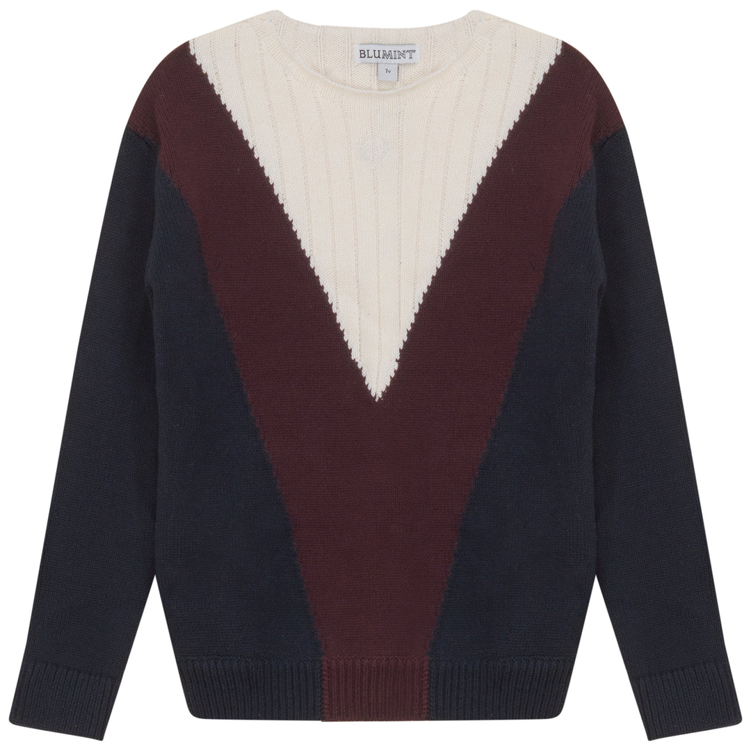 DECK-RIBBED V DETAIL SWEATER-NAVY/BURGUNDY/CREAM