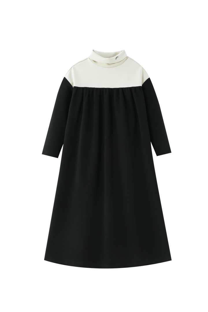 COLORBLOCK TURTLENECK MAXI DRESS-STONE/BLACK
