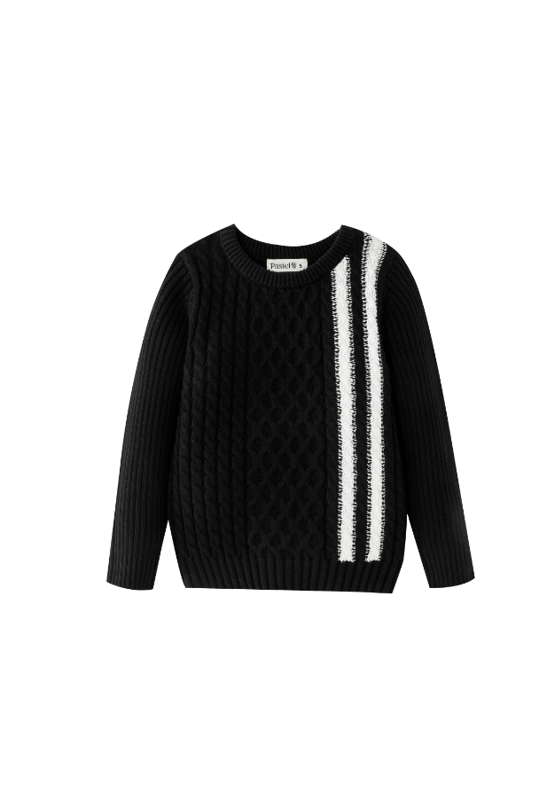 CABLE SWEATER WITH CONTRAST STRIPES-BLACK