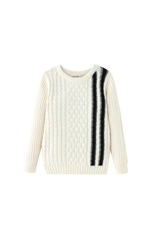CABLE SWEATER WITH CONTRAST STRIPES-CREAM