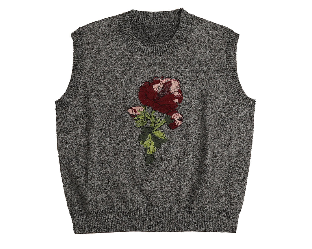 HKN832-ROSE SCRIBBLE EMBROIDERY VEST-BLACK MARLED