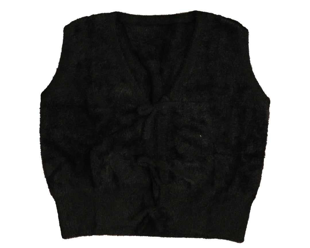 HKN838-KNITTED VEST WITH 3 BOWS-FUZZY BLACK