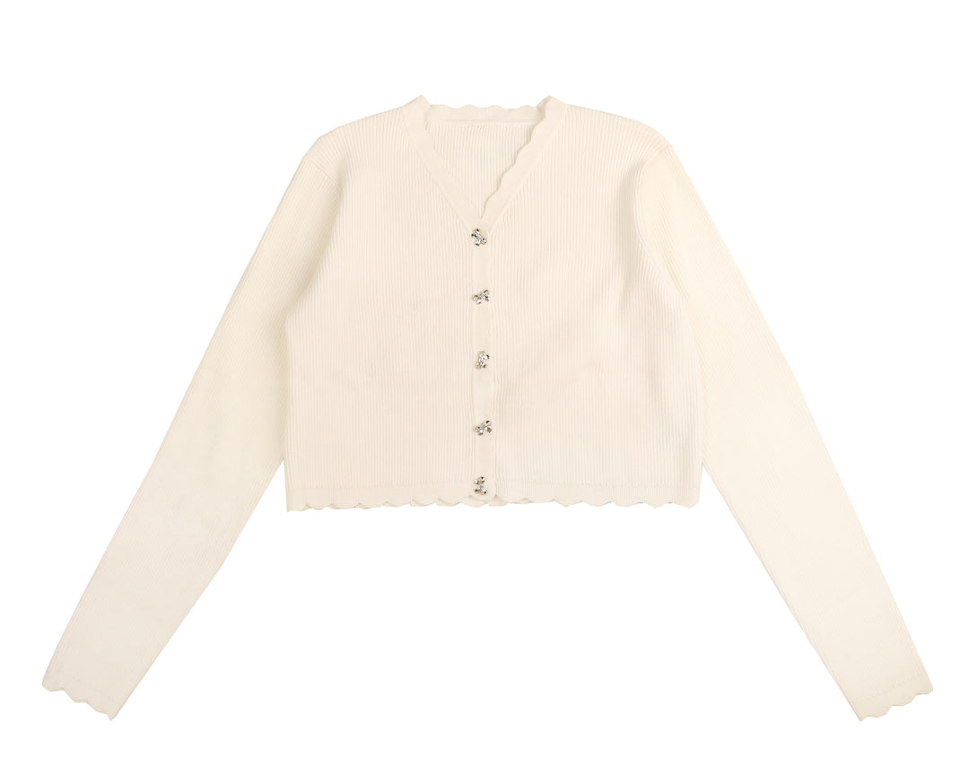 HKN843-BOW BUTTONS SCALLOPED CARDIGAN-IVORY