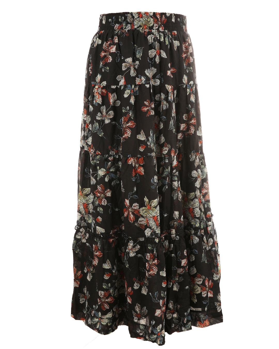 HSK870-FLORAL PRINTED SKIRT-BLACK