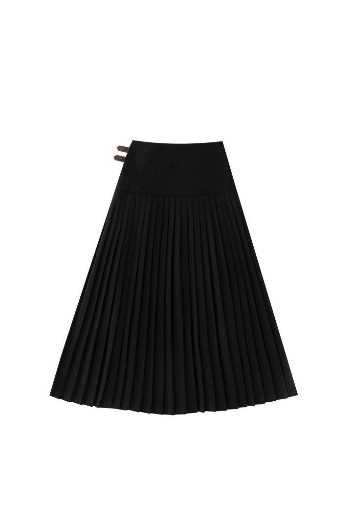 ACCORDIAN PLEATED SKIRT WITH SIDE BUCKLES-BLACK