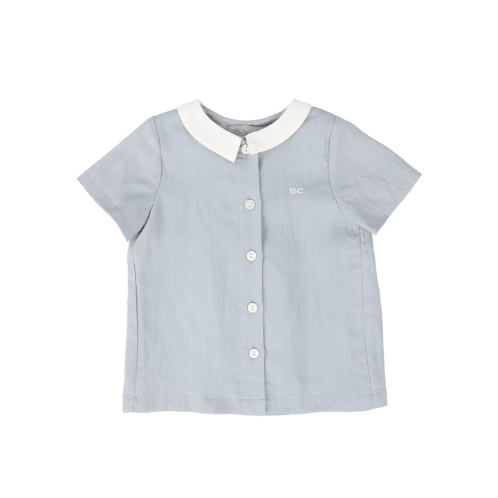 C-19235-Linen Trim Collared Shirt -Light Blue