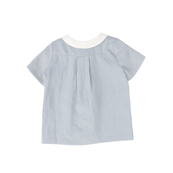 C-19235-Linen Trim Collared Shirt -Light Blue