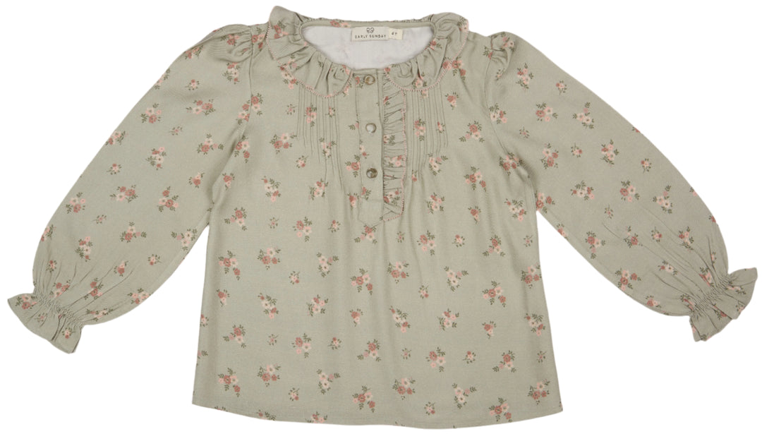 Julianne Blouse-Printed Viscose Rayon Twill - Ditsy Bouquet Jade Print