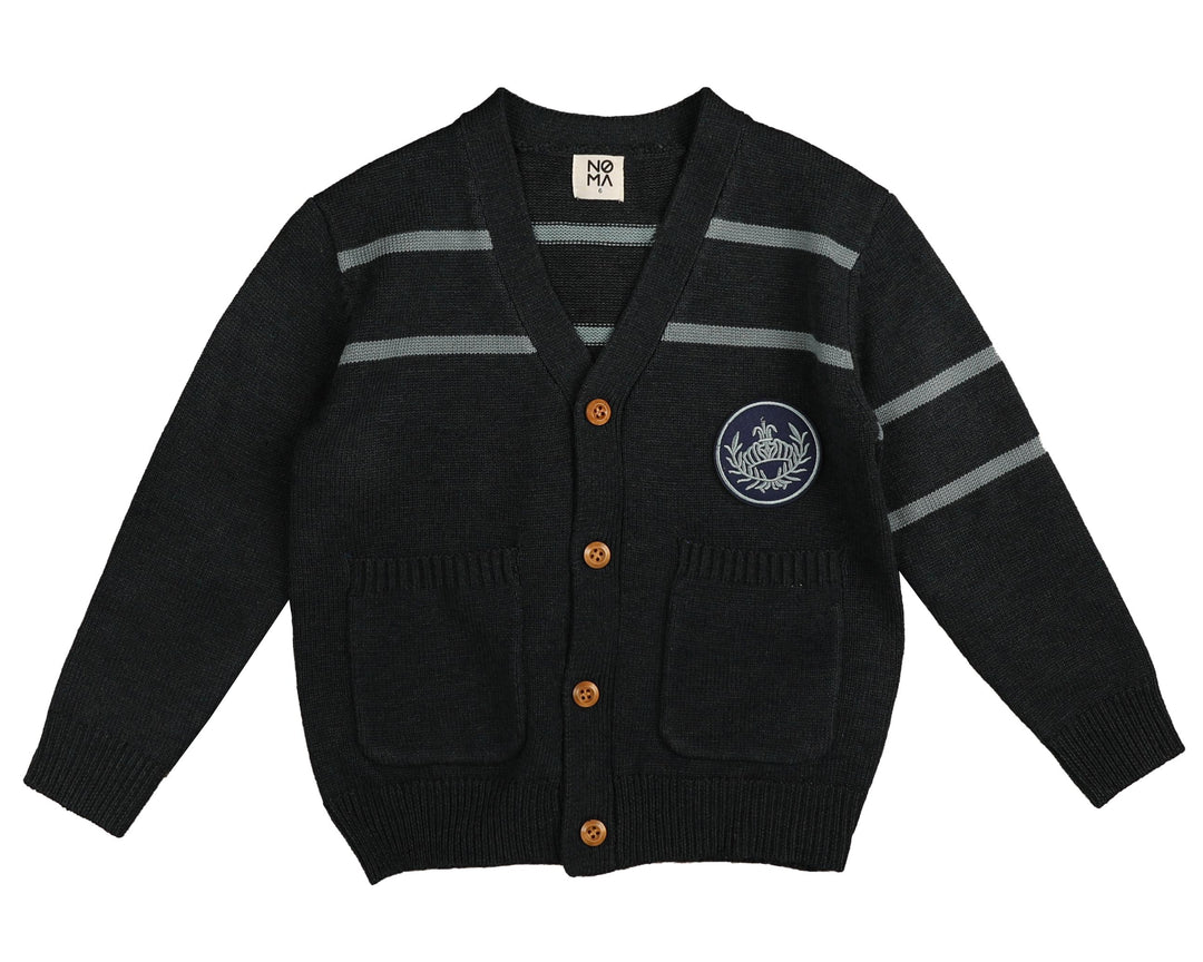BKN632-Stripe detail cardigan with emblem patch-BLACK