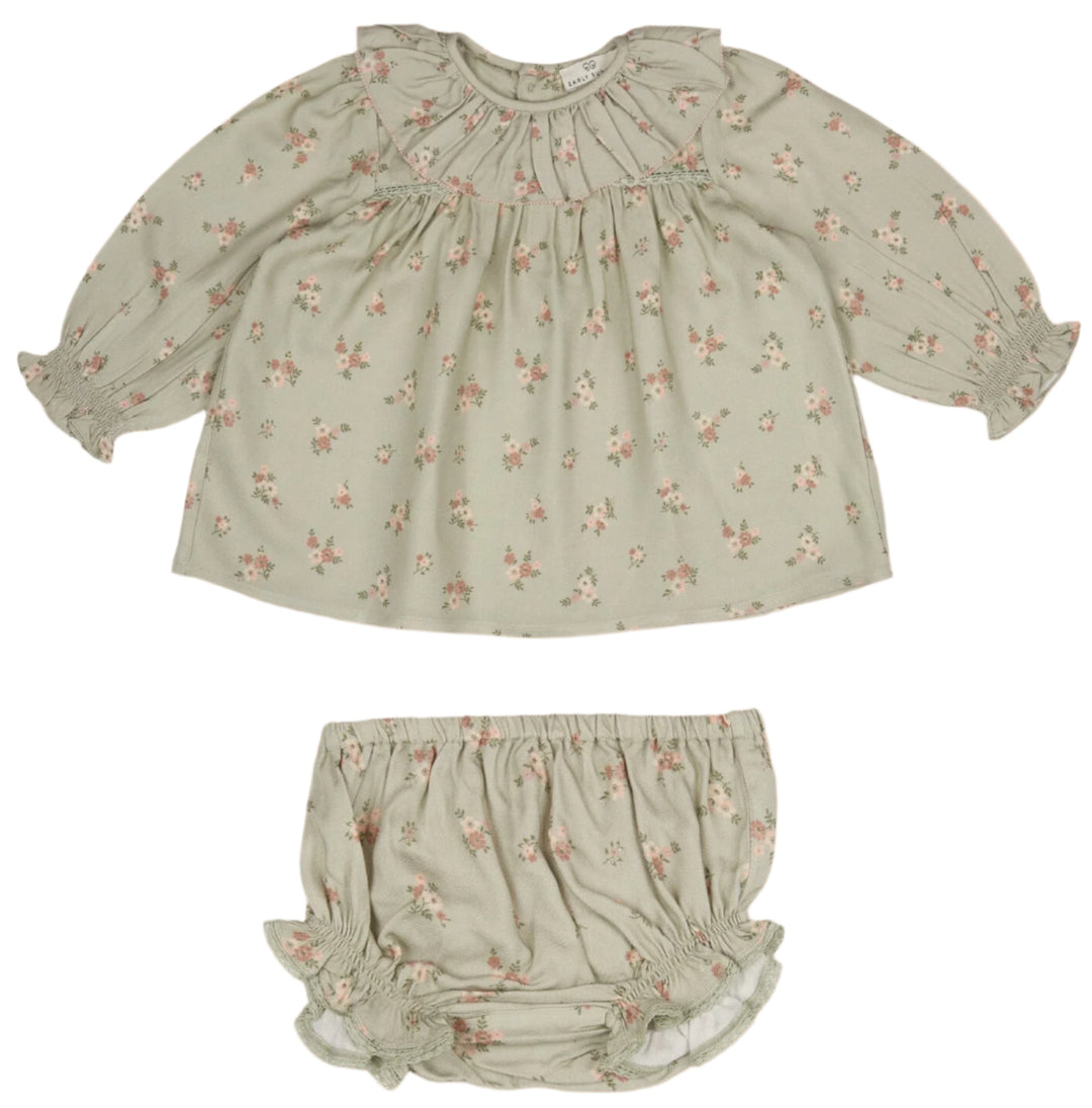 Libby Baby Dress and Bloomer-Printed Viscose Rayon Twill - Ditsy Bouquet Jade Print