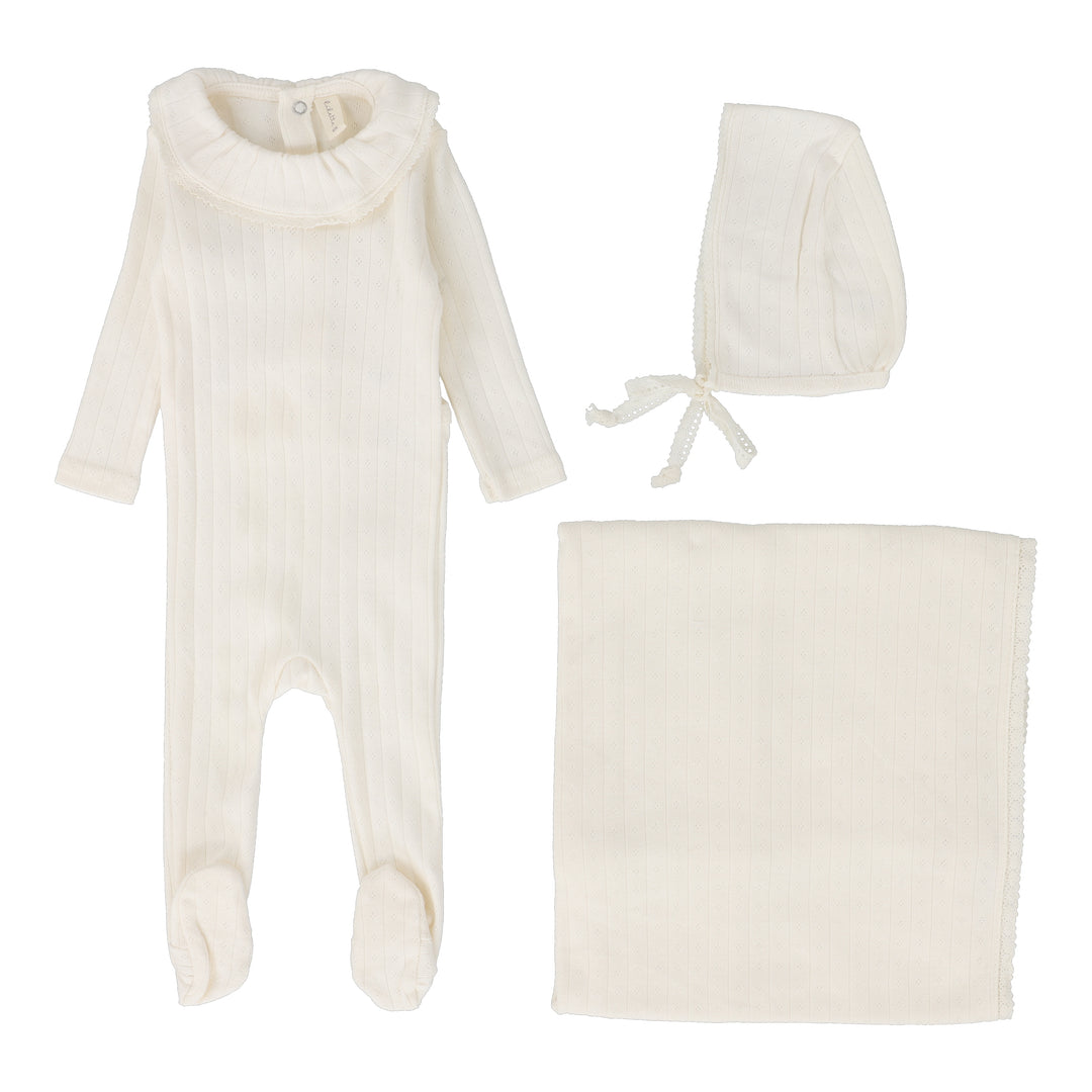 FINE POINTELLE RUFFLE LAYETTE SET-MILK