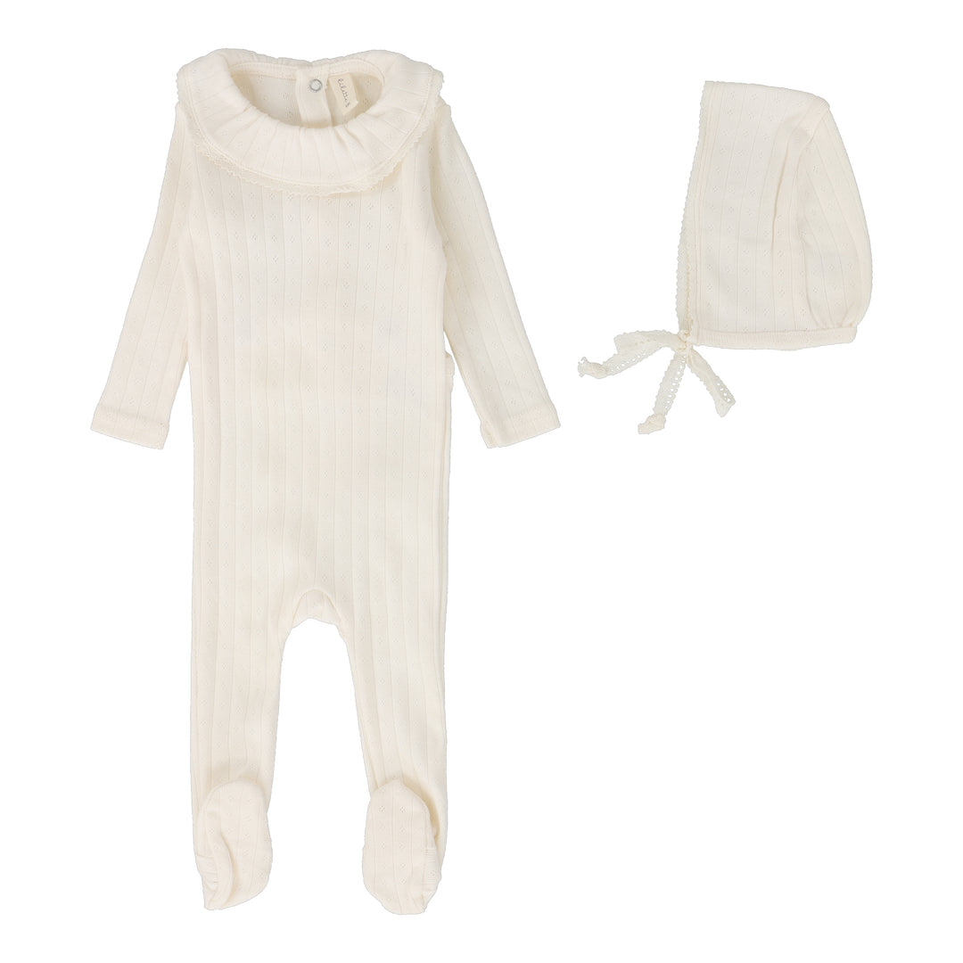 FINE POINTELLE RUFFLE COLLAR FOOTIE SET-MILK