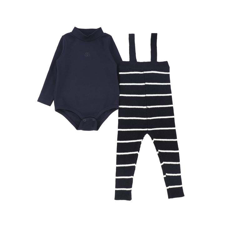 C-23153-Stripe Knit Suspender Leggings Set -Navy