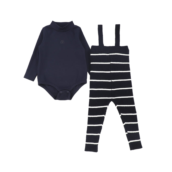 C-23153-Stripe Knit Suspender Leggings Set -Navy