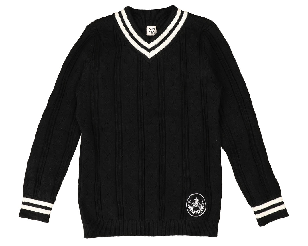 NKN142-Textured knit with neck stripe-BLACK