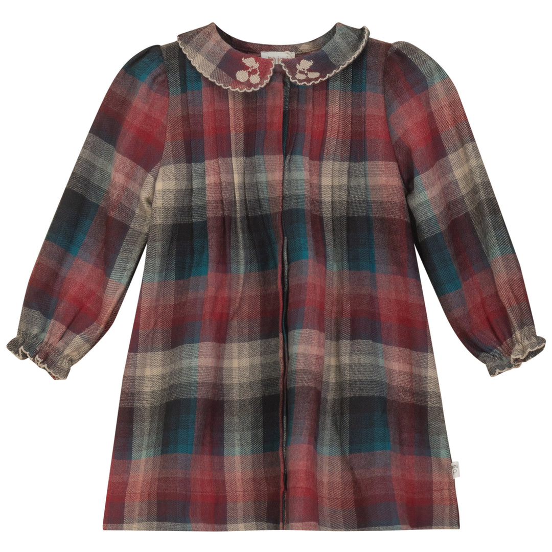 P6318-EMBROIDERED TRIM PLAID DRESS-BLUE/BRICK