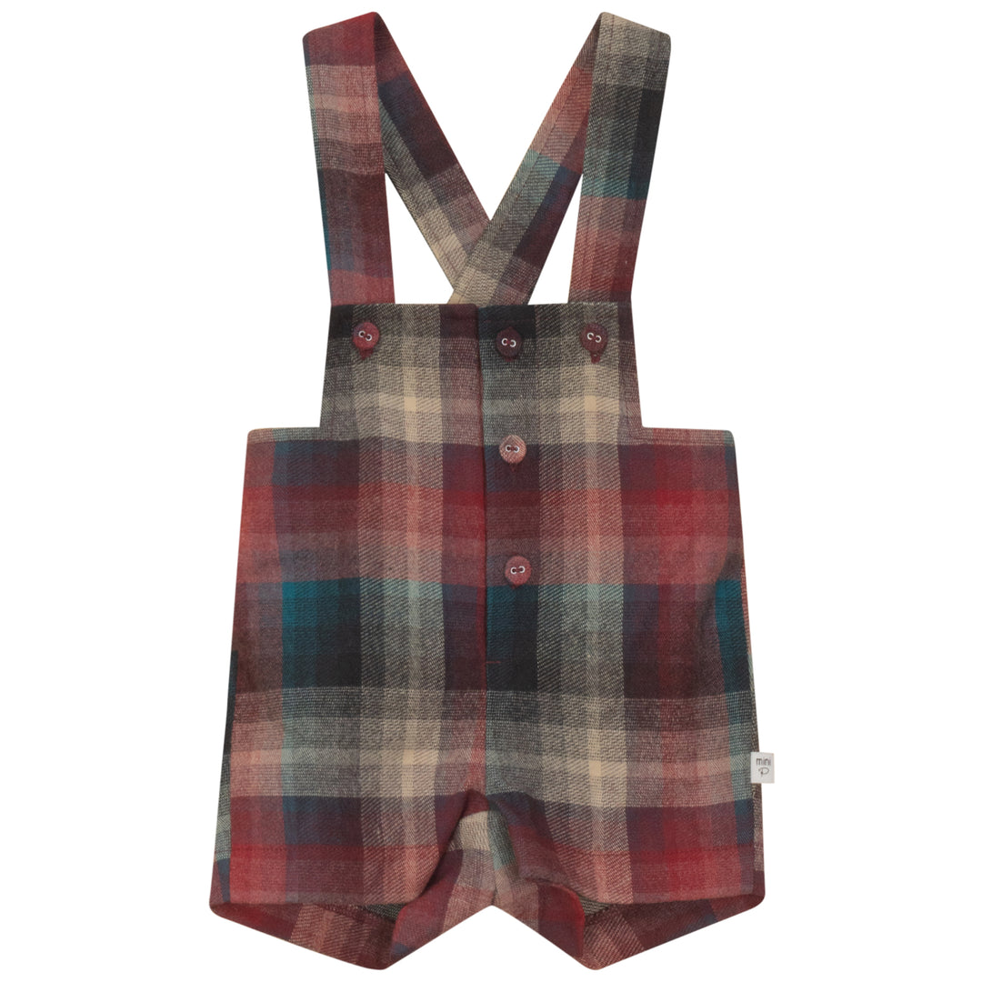 P6420-BUTTON DETAIL PLAID OVERALL-BLUE/BRICK
