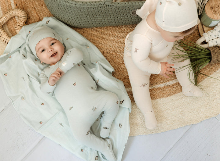 Picnic Footie/BEANIE SET-Blue/Blue Print