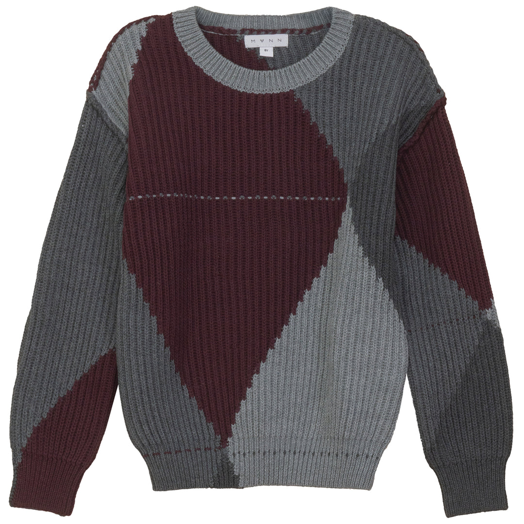 ROVER-COLOR BLOCKED ARGYLE SWEATER-GREY/BURGUNDY